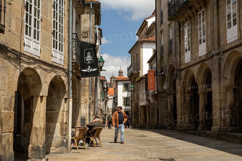 Santiago de Compostela, Spain, May 2018: View on the arcade streets of the old town of Santiago de Compostela in Spain, Europe