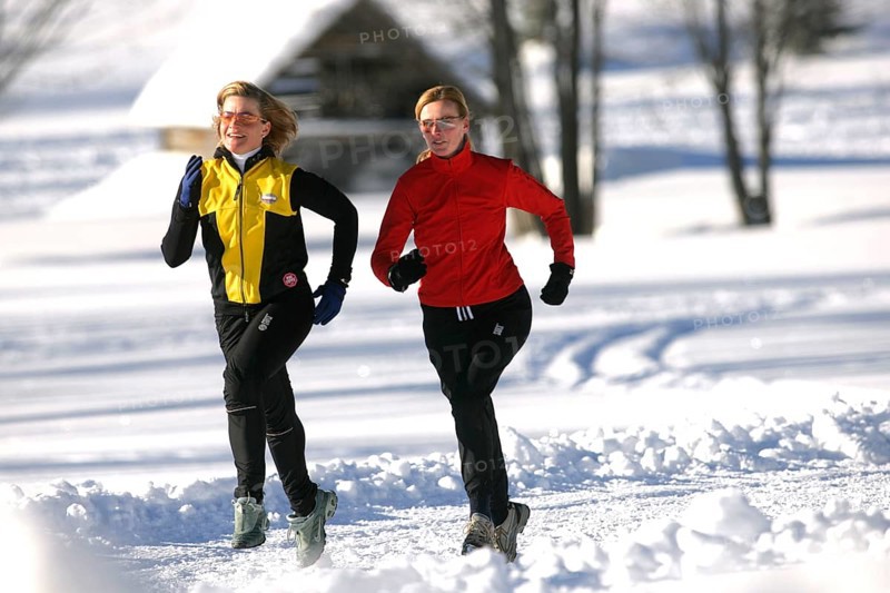 Running in the snow, man, 35, 40, years, running, running, snow, winter, two woman