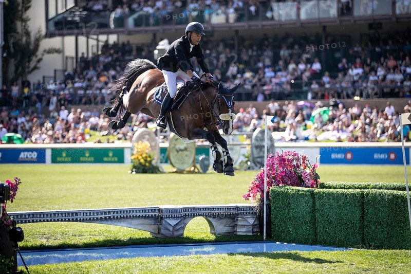 Sameh El Dahabn of Great Britain and riding WKD Toronto compete in the first round of the 1.60m CPKC International during the Spruce Meadows Masters, presented by Rolex, in Calgary, Alberta, Canada, North America