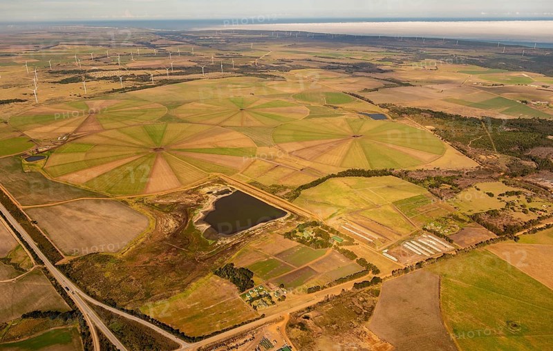 Irrigation, irrigation rings, reservoir, agriculture, wind turbines, coastal fog, clouds, Clarkson, Eastern Cape, South Africa, Africa