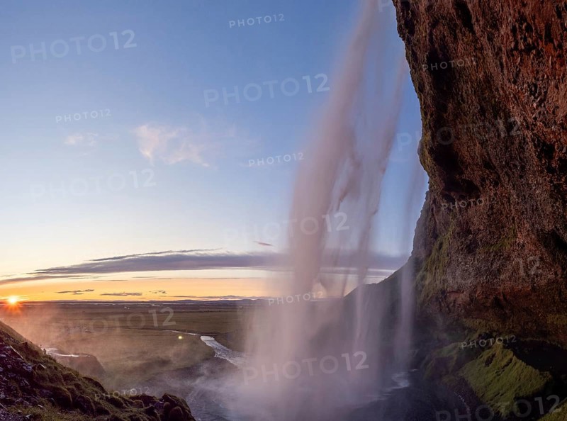 Sunset at Seljalandsfoss waterfall, South Iceland, Iceland, Europe
