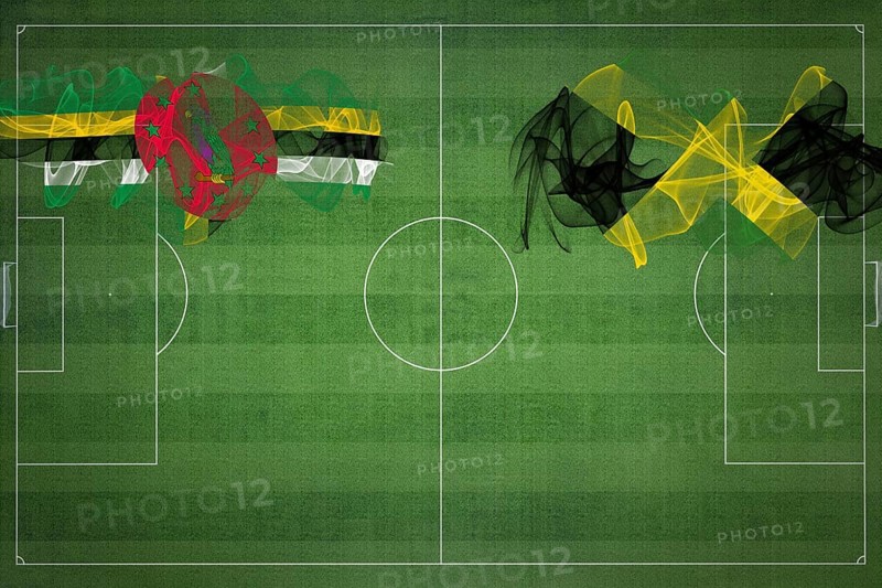 Dominica vs Jamaica Soccer Match, national colors, national flags, soccer field, football game, Competition concept, Copy space