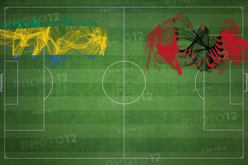 Gabon vs Albania Soccer Match, national colors, national flags, soccer field, football game, Competition concept, Copy space