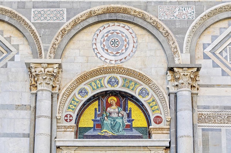 Mosaic by Giuseppe Modena da Lucca of the Saint Reparata, lunette above left door of the Cathedral (Duomo) in Pisa, Tuscany, Italy, Europe
