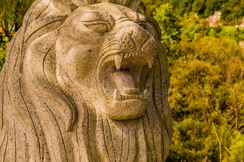 Daejeon, South Korea, September 16, 2019: Closeup of statue of lion roaring on display at Road House river park, Asia