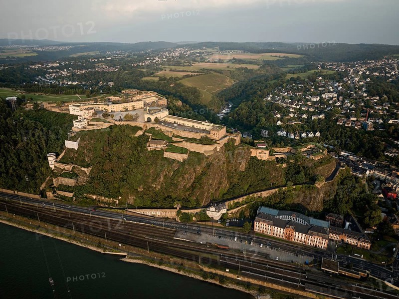 Ehrenbreitstein Fortress is situated 118 metres above the Rhine opposite the mouth of the Moselle with the Deutsches Eck in Koblenz. Ehrenbreitstein Fortress, the second largest preserved fortress in Europe, was built in its present form between 1817 and 1828. Koblenz, Rhineland-Palatinate, Germany, Europe