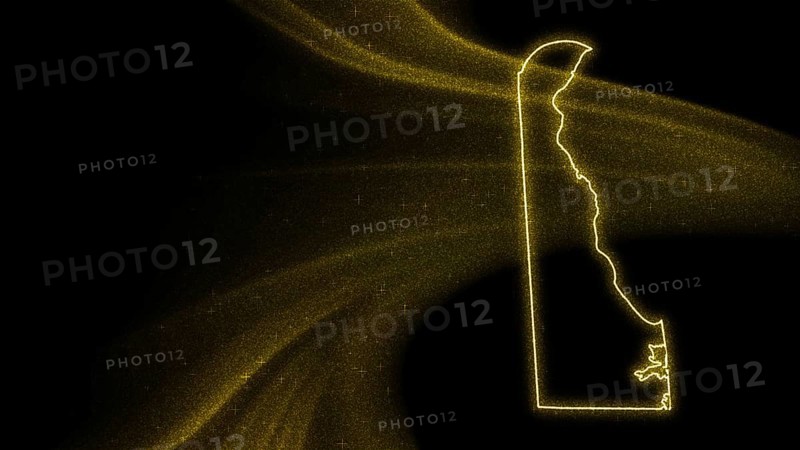 Map of Delaware, Gold glitter map on dark background