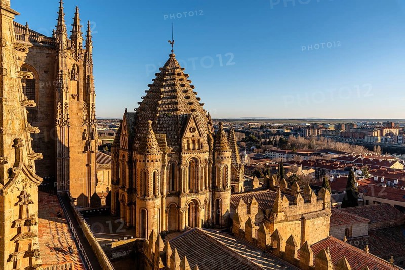 Exterior view of the dome of the Old Cathedral of Salamanca a blue sky day. Castilla y Leon, Spain, Europe