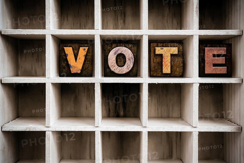 The word VOTE written in vintage ink stained wooden letterpress type in a partitioned printer's drawer