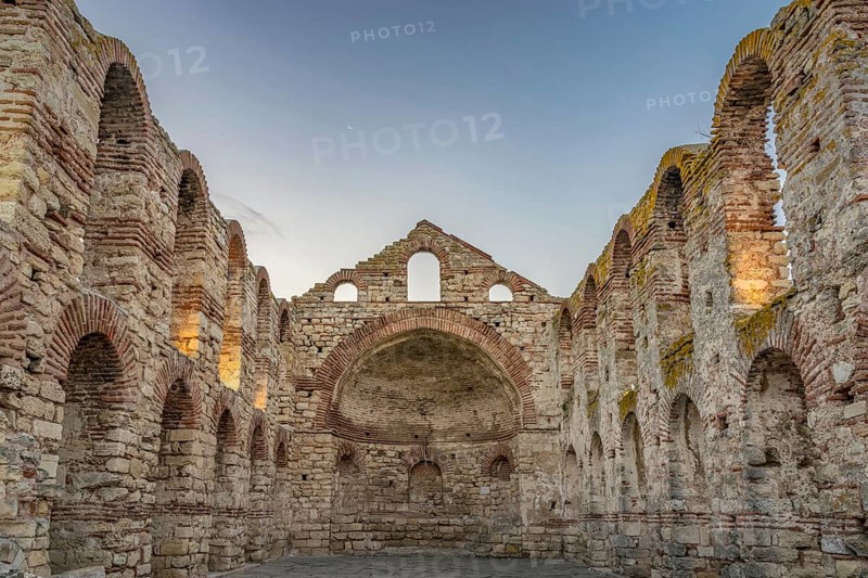 The Church of Saint Sofia or Old Bishopric at sunrise in Nessebar ancient city. Nesebar, Nesebr is a UNESCO World Heritage Site. A Byzantine architecture ruins of an old church in Nessebar, Bulgaria, Europe