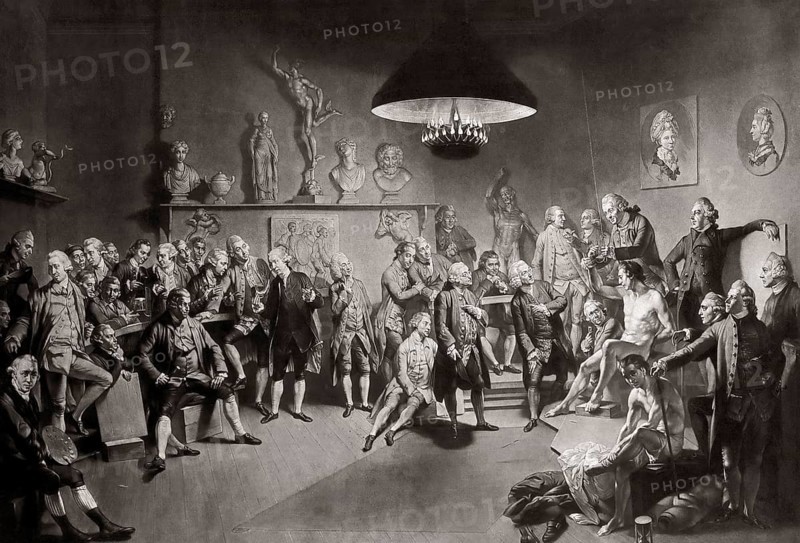 The life class for the Royal Academy of Art at old Somerset House, London, William Hunter, 1718 – 1783, Scottish anatomist and physician, after Zoffany