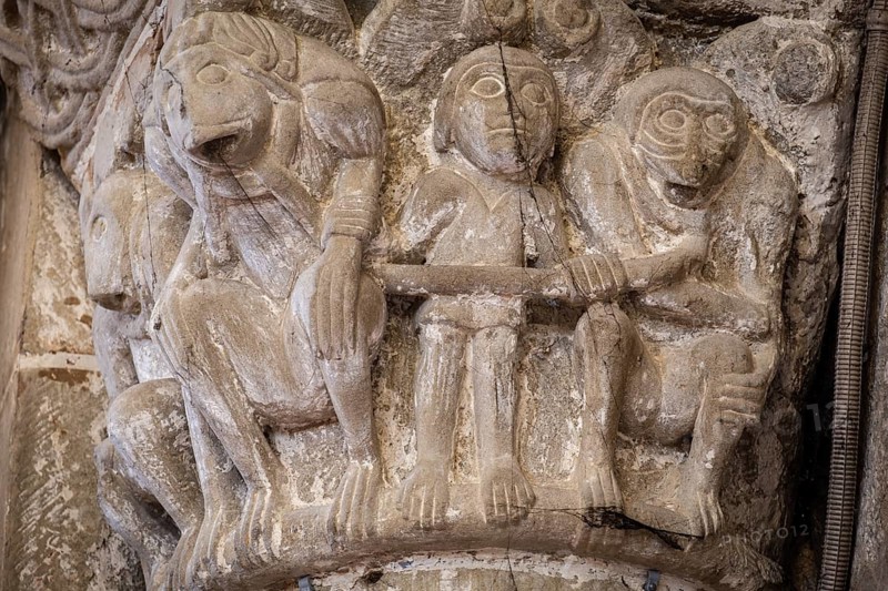 Capital of the transept, represents a monkey, an orangutan, a primate and a man, San Martín de Elines, Valderredible region, Cantabria, Spain, Europe