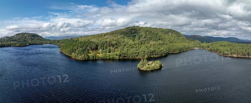 Loch at Eilein Castle, loch with island with castle ruins, drone shot, Rothiemurchus, Cairngorms National Park, Scotland, Great Britain
