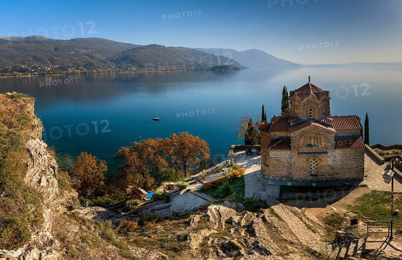 Ohrid, North Macedonia, 1 November, 2022: view of the church of Saint John and Lake Ohrid in North Macedonia