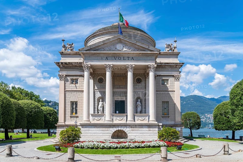 COMO, ITALY, AUGUST 6, 2021: Museum Tempio Voltiano exterior on Lake Como, dedicated to the Italian physicist Alessandro Volta