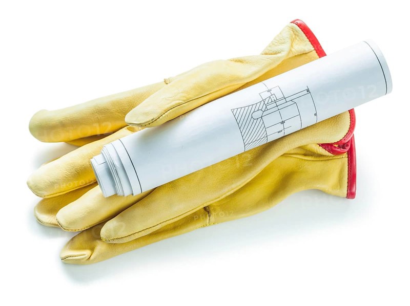 Working gloves and roll of blueprit isolaed on white