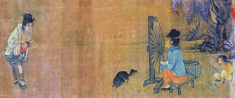 The Spinning Wheel, by Wang Juzheng (early 11th century), Northern Song era, a scene with two women, a child and a barking dog
