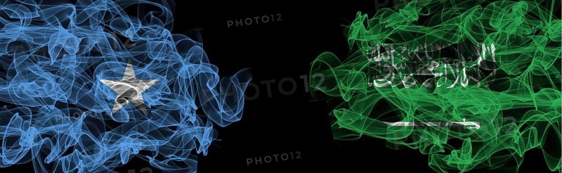 Flags of Somalia and Saudi Arabia on Black background, Somalia vs Saudi Arabia Smoke Flags