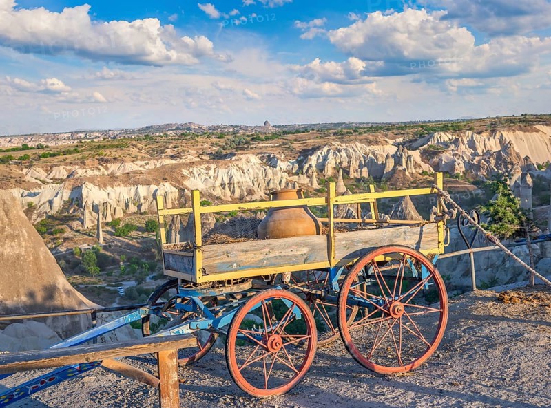 Old wooden cart in the Valley of love in Cappadocia, Turkey, Asia