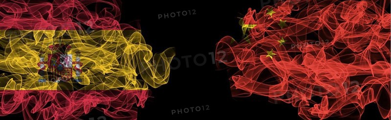 Flags of Spain and China on Black background, Spain vs China Smoke Flags