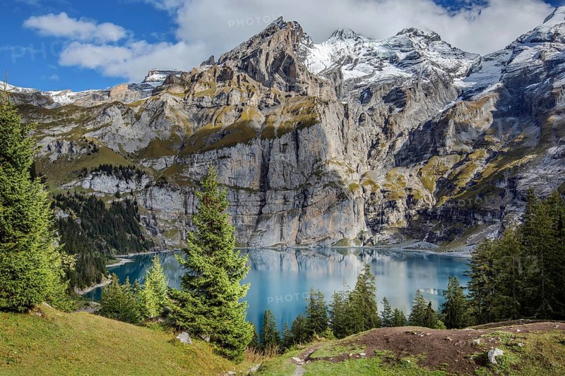 Amazing turquoise Oeschinnensee in Swiss Alps, Kandersteg, Bernese Oberland, Switzerland, Europe