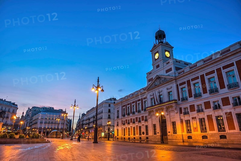 Madrid Spain, night city skyline at Puerta del Sol