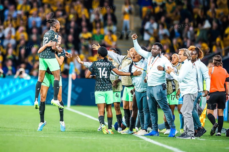 BRISBANE, AUSTRALIA, JULY 27: Uchenna KANU of Nigeria celebrates scoring as Australia plays Nigeria at the FIFA Women's World Cup Australia New Zealand 2023 at Brisbane Stadium on July 27, 2023