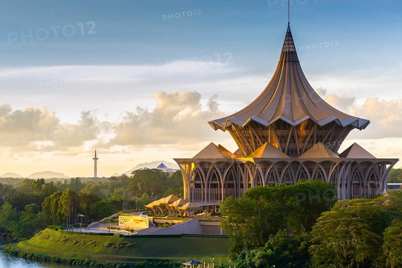 View of the Esplanade on the riverside in Kuching, Malaysia, Borneo during sunset, Asia