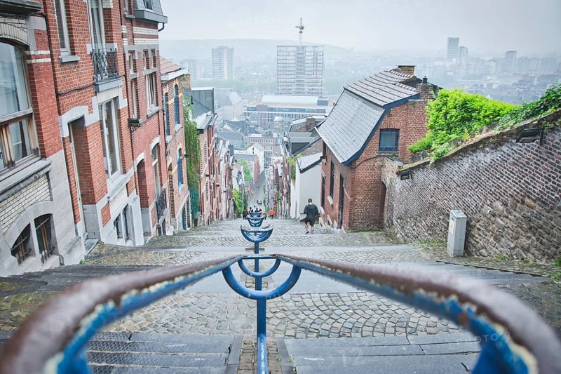 Liege, Belgium, June 2021: Famous Montagne de Bueren stairs in Liege, Belgium. 374 steps staircase, Europe