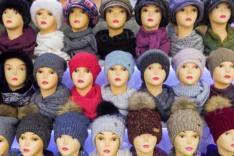 Moscow, Russia, Decembet 15, 2019: Mannequin heads in knitted hats and scarves, Europe