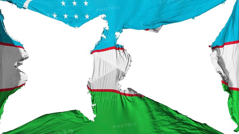 Destroyed Uzbek flag, white background, 3d rendering