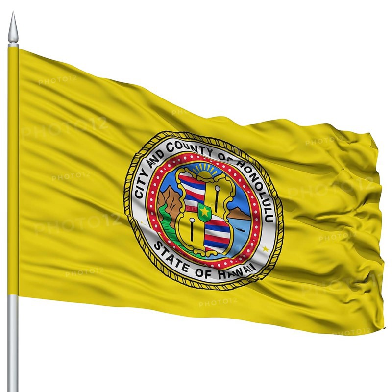 Honolulu Flag on Flagpole, Capital of Hawaii State, Flying in the Wind, Isolated on White Background