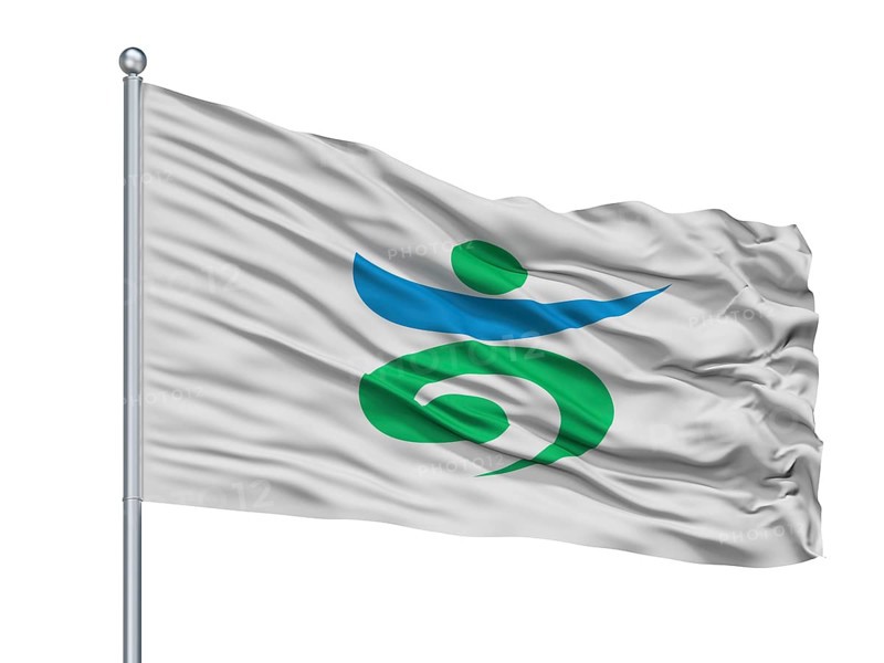 Takaoka City Flag On Flagpole, Country Japan, Toyama Prefecture, Isolated On White Background