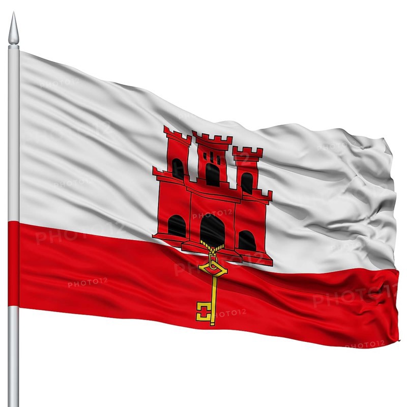 Gibraltar Flag on Flagpole, Flying in the Wind, Isolated on White Background