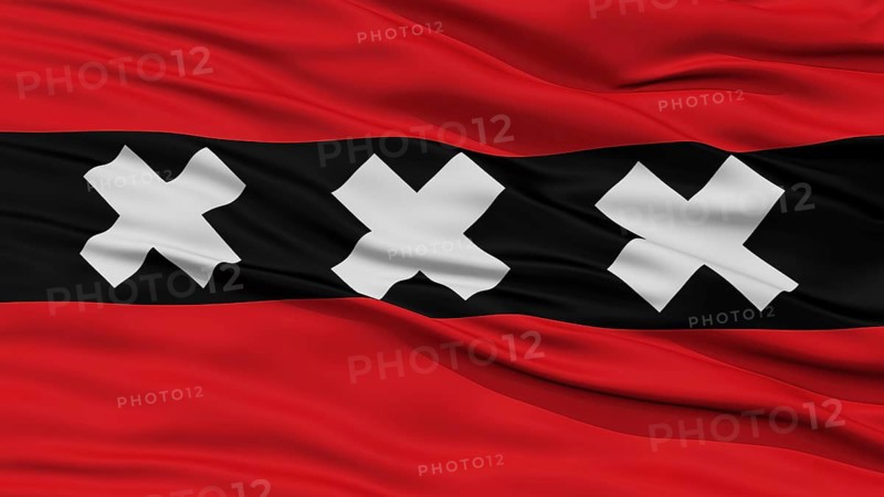 Closeup Amsterdam City Flag, Capital City of Netherlands, Waving in the Wind