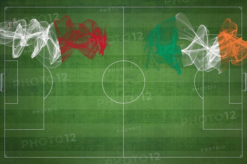 Malta vs Ireland Soccer Match, national colors, national flags, soccer field, football game, Competition concept, Copy space