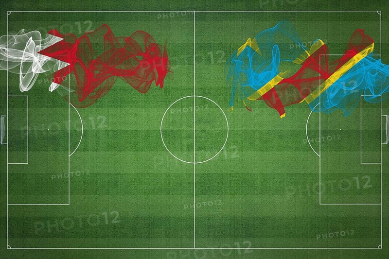 Bahrain vs DR Congo Soccer Match, national colors, national flags, soccer field, football game, Competition concept, Copy space