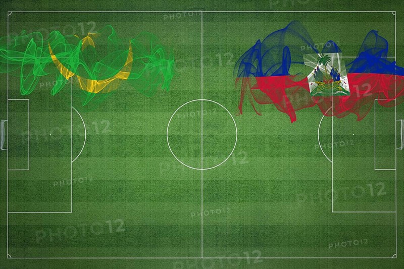 Mauritania vs Haiti Soccer Match, national colors, national flags, soccer field, football game, Competition concept, Copy space