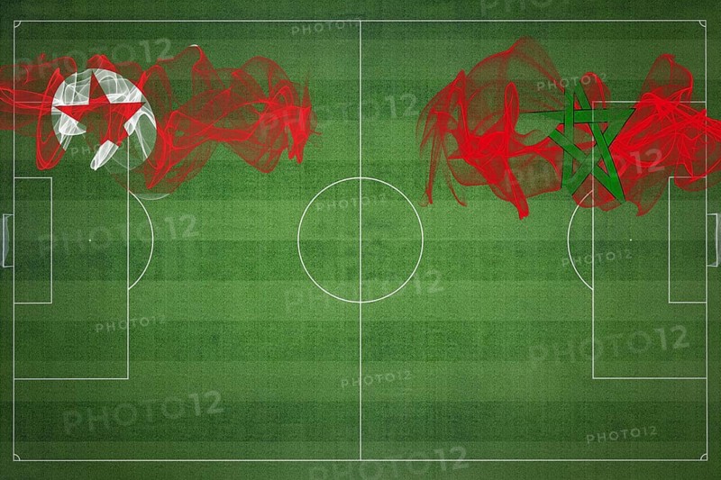 North Korea vs Morocco Soccer Match, national colors, national flags, soccer field, football game, Competition concept, Copy space