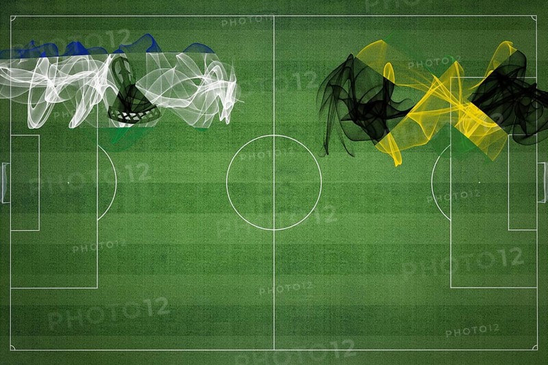 Lesotho vs Jamaica Soccer Match, national colors, national flags, soccer field, football game, Competition concept, Copy space