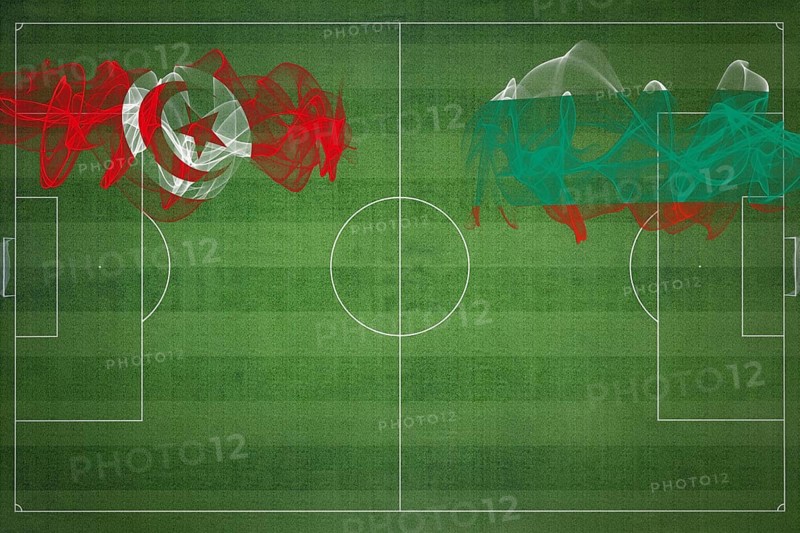 Tunisia vs Bulgaria Soccer Match, national colors, national flags, soccer field, football game, Competition concept, Copy space
