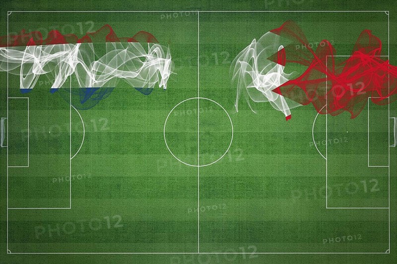 Netherlands vs Bahrain Soccer Match, national colors, national flags, soccer field, football game, Competition concept, Copy space