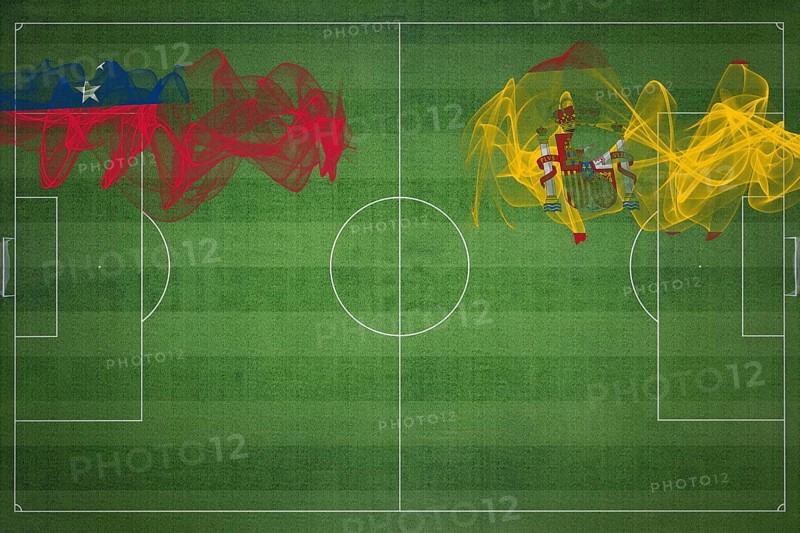 Samoa vs Spain Soccer Match, national colors, national flags, soccer field, football game, Competition concept, Copy space