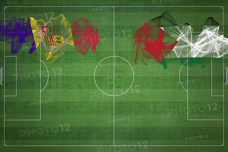 Andorra vs Palestine Soccer Match, national colors, national flags, soccer field, football game, Competition concept, Copy space
