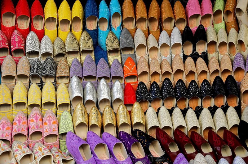 Meknes, Morocco, Africa, Colourful shoes in a variety of colours and patterns on display, On the way to Fes, Africa