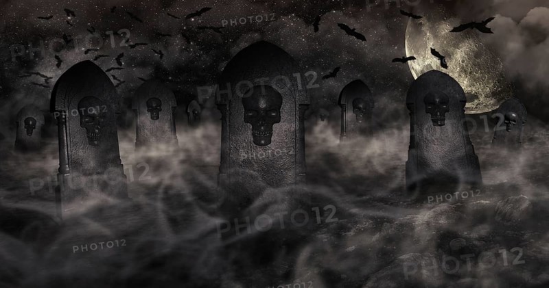Cemetery At Night With Tombstones With Skulls And Cloudy Sky Full Of Stars in The Background. Halloween Concept 3D illustration