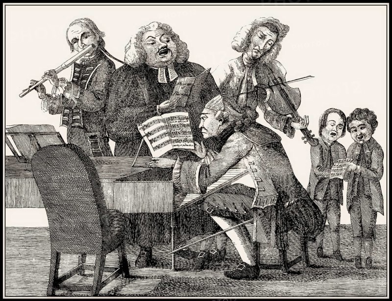 Musical group with Händel, Bach, Tartini, Gluck, Quanz, Jomelli, Caricature from the 18th century