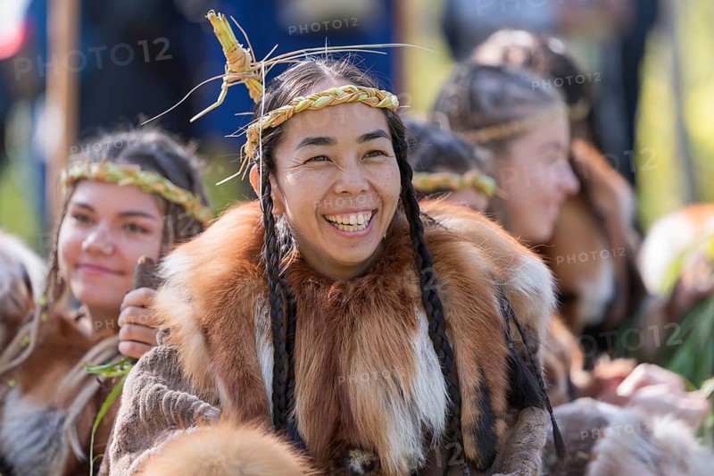 Portrait expression young woman in clothing indigenous people of Kamchatka Peninsula. Alhalalalay, Itelmens national ritual festival of thanksgiving nature. Kamchatka, Russian Far East, Sep 14, 2019