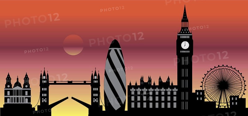 Illustration drawing of the London city skyline England with the wheel and the tower bridge by night during sunset