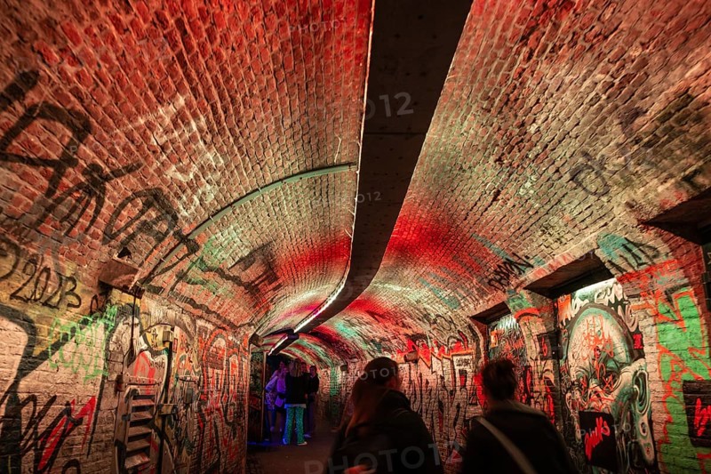 Illuminated tunnel in the city centre of Utrecht, Netherlands